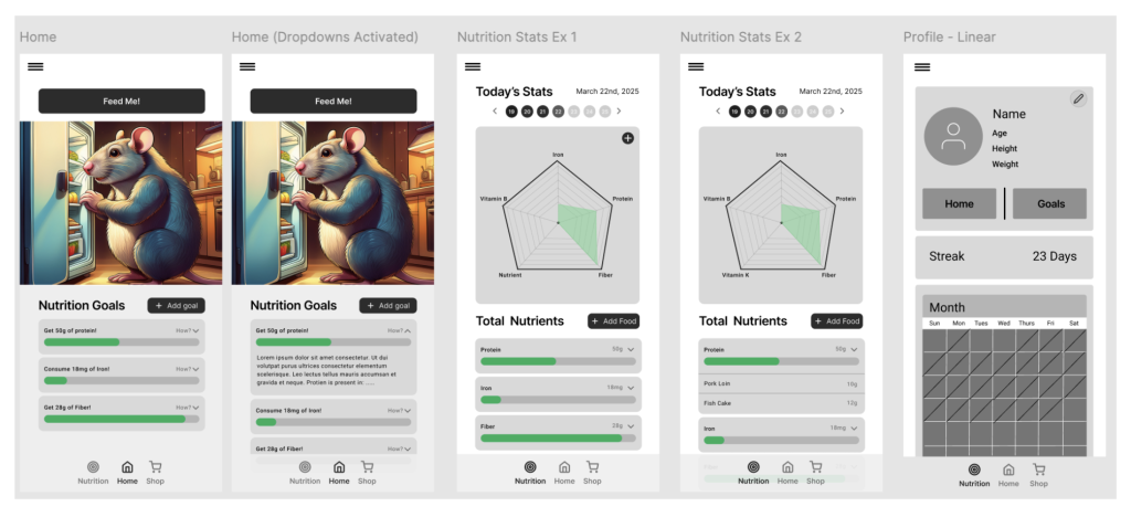 Five detailed app screen layouts including a profile page and variations of the home and nutrition pages.